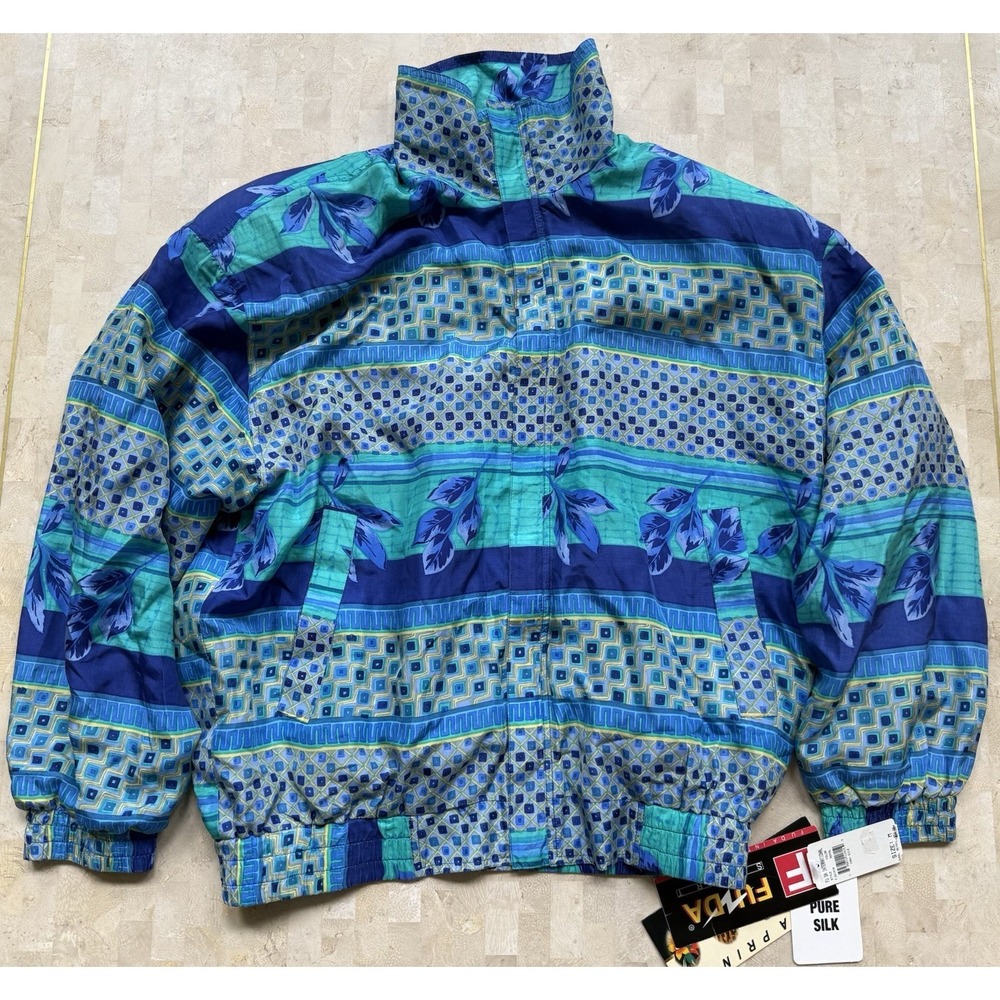 Fuda International Vintage 80s Silk Bold Patterned Teal Bomber Jacket Medium NWT